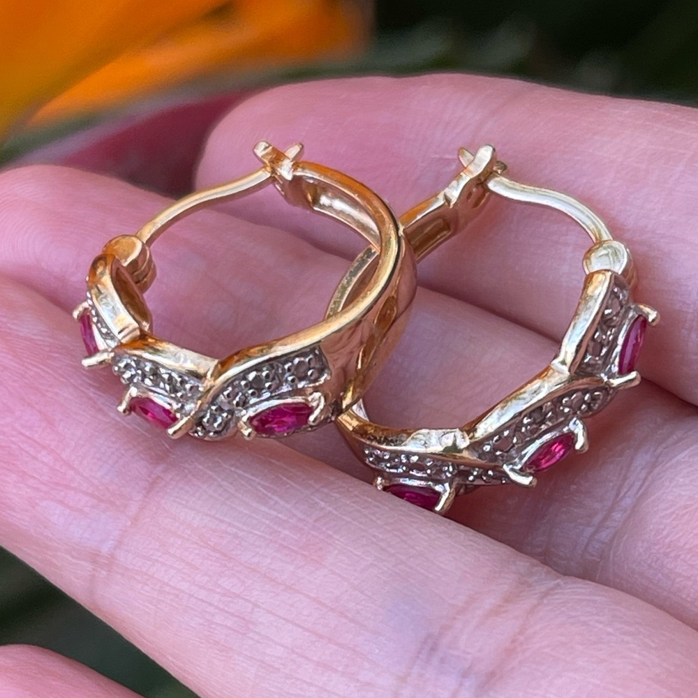 Natural diamond & lab grown ruby gold plated sterling silver earrings - Picture 11 of 12